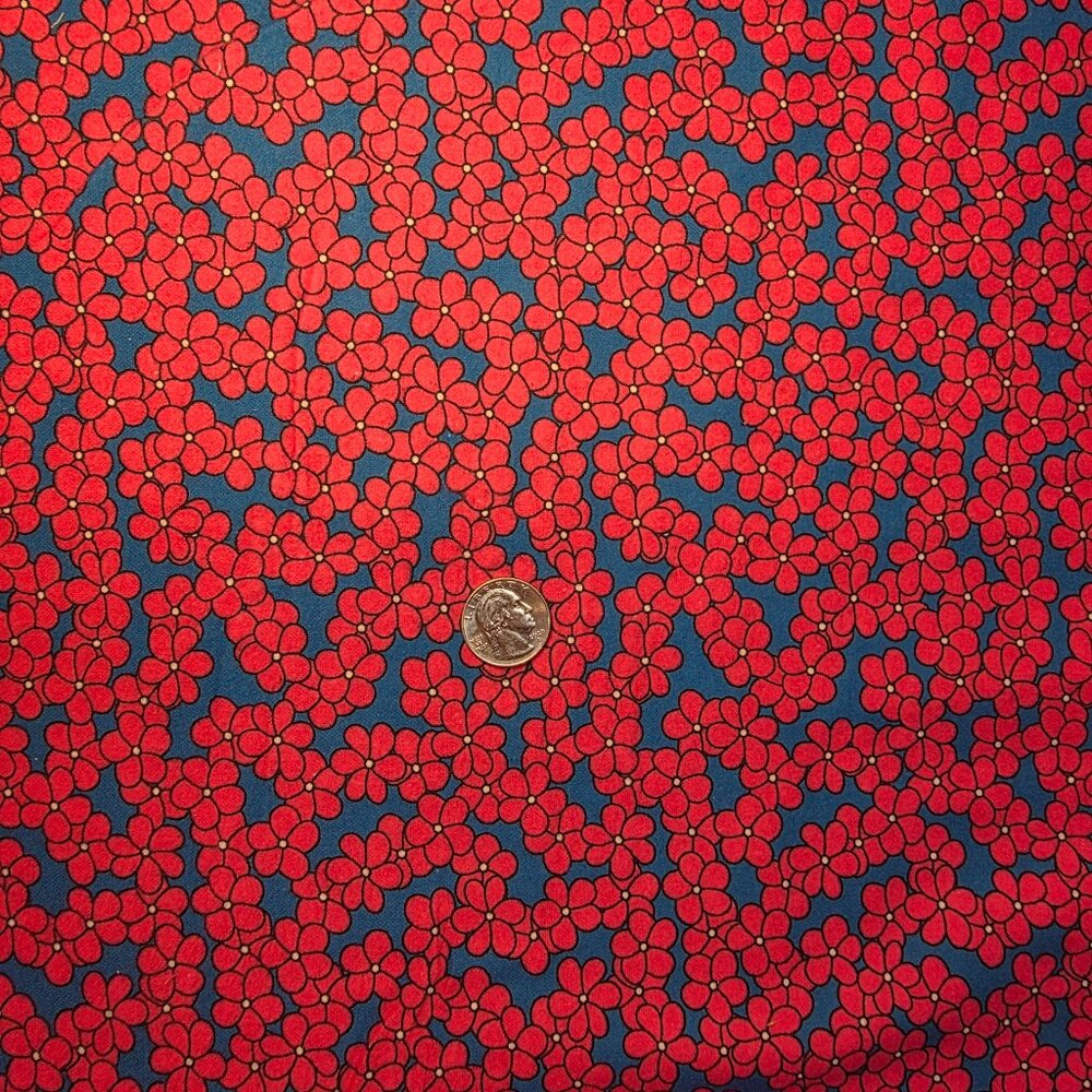 4 yards (1/2 bolt) Fuschia Posies on Blue Flannel Cotton Fabric Red